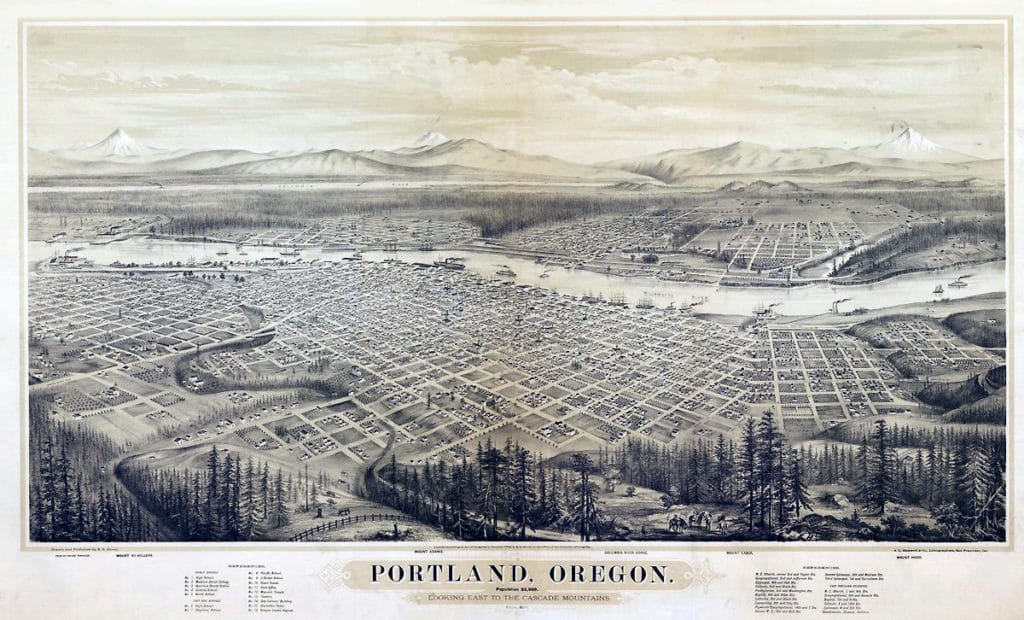 Portland in 1870 looking over valley below from Homestead area on hill
